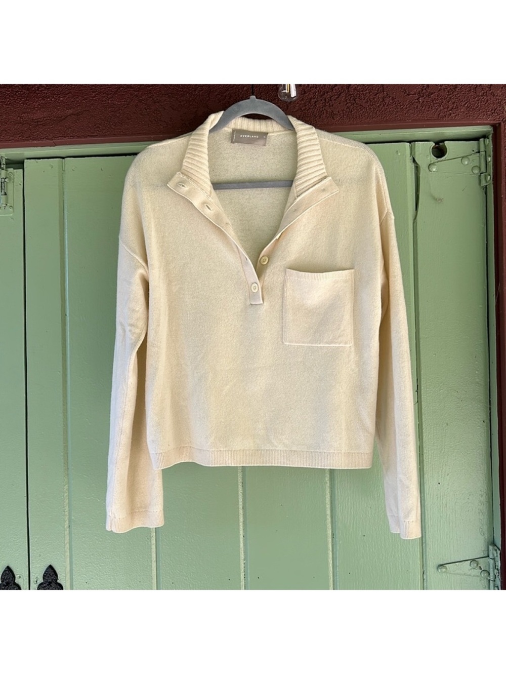 Everlane Cream Long-Sleeve Knit Polo Sweater with Pocket